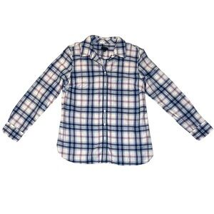 Talbots plaid button down top blue white red and green size medium